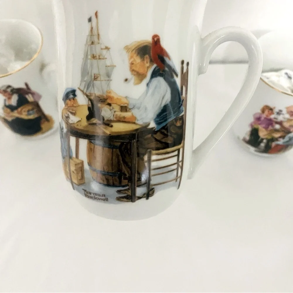 VINTAGE SET Of 5 Norman Rockwell Museum Coffee Mugs Cups White Gold Trim JAPAN
